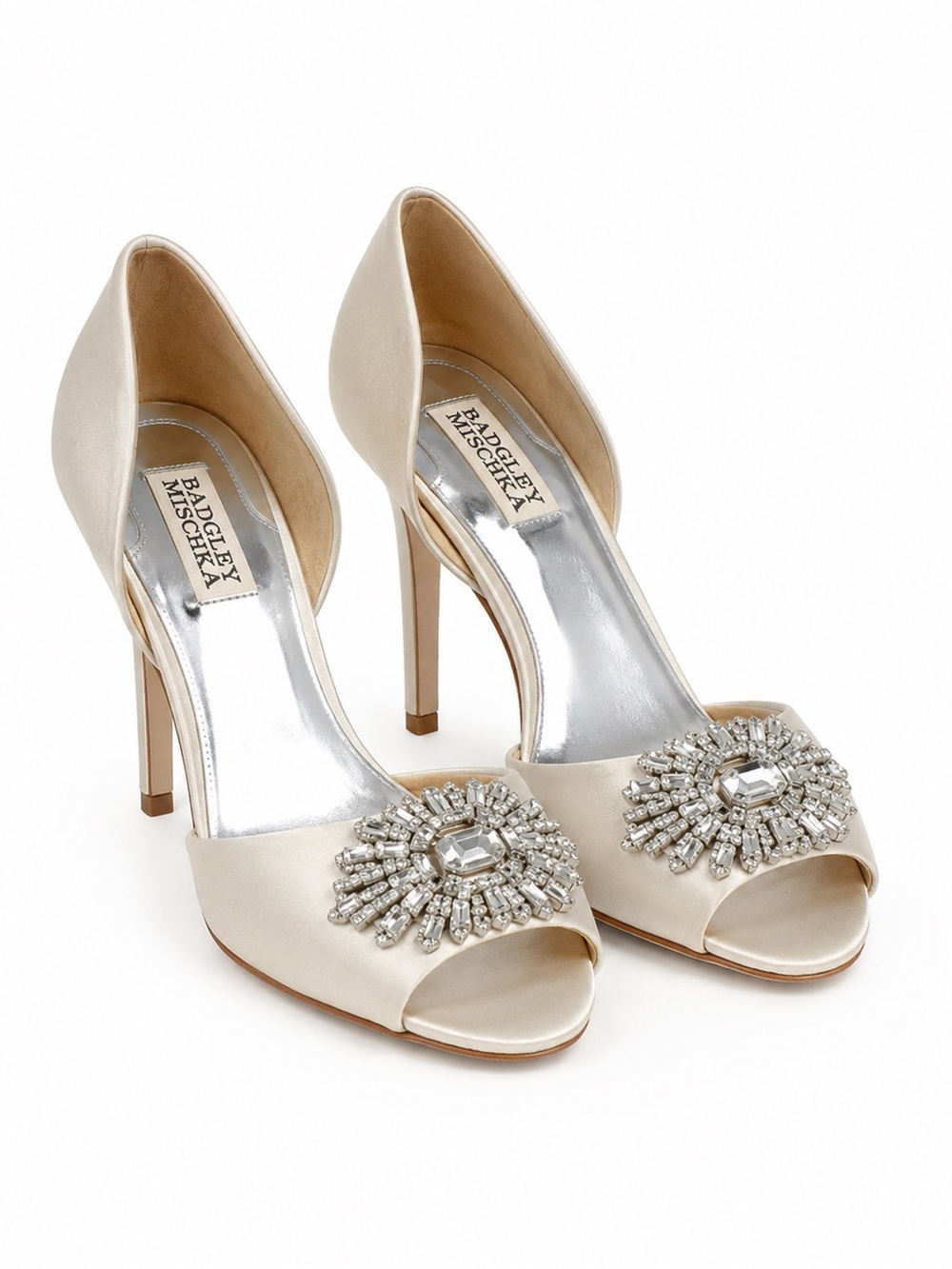 Badgley Mischka Ivory Satin Crystal-Embellished Peep Toe Heels